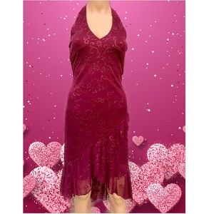 Burgundy & Gold Ruffle Vintage 90s Twilight Core High Low Prom Formal Dress
